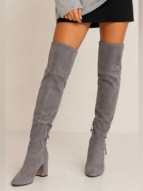 Tory Burch Laila Gray Suede Stretch Over The Knee Boots Size 5 Block Heel OTK